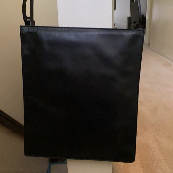 Vintage NEW GUCCI sleek black leather shoulder bag crossbody handbag w/wood RARE - Picture 3 of 13